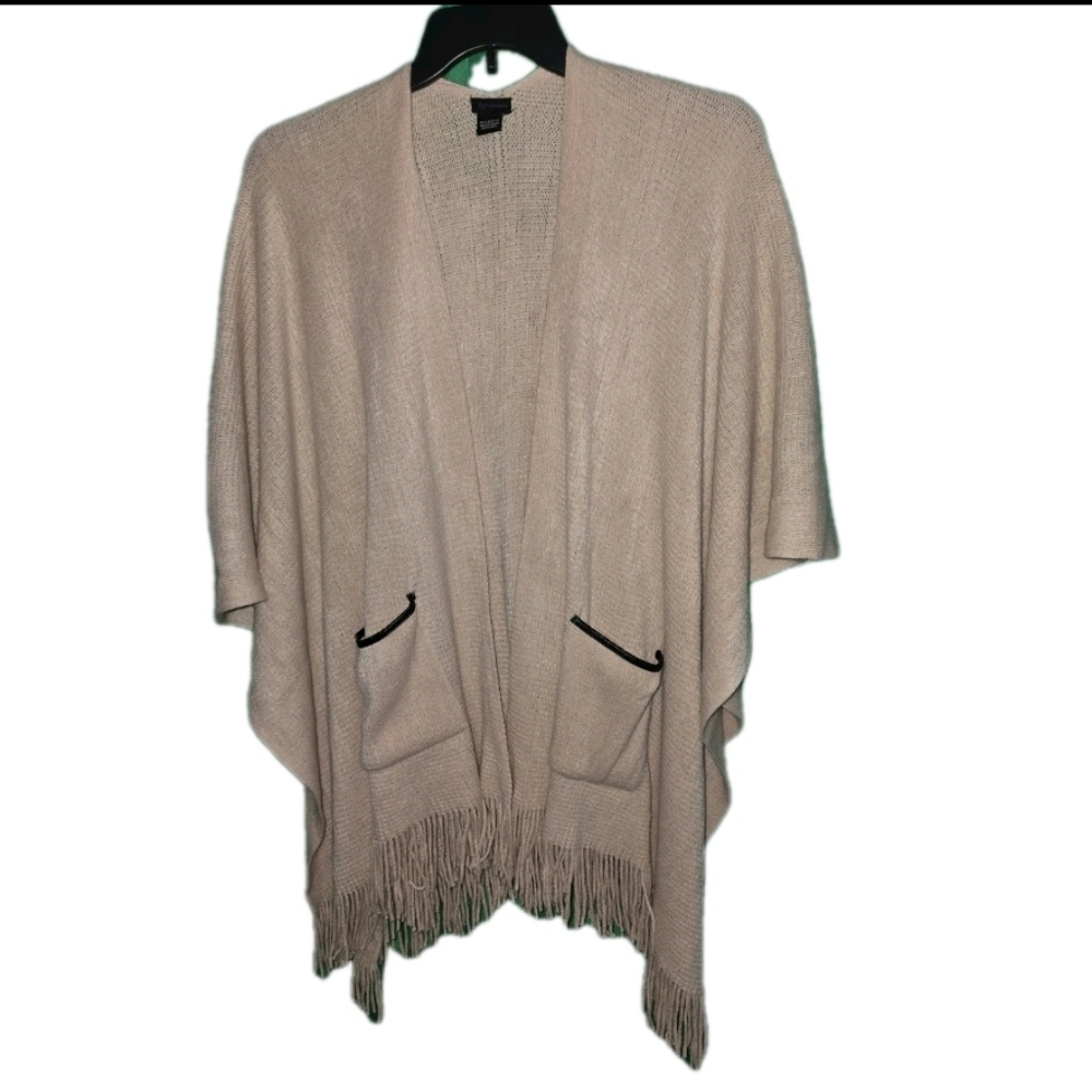 Zoe Madison Pink Beige Fringe Open Front Cardigan Shrug Pockets Outdoor One Size
